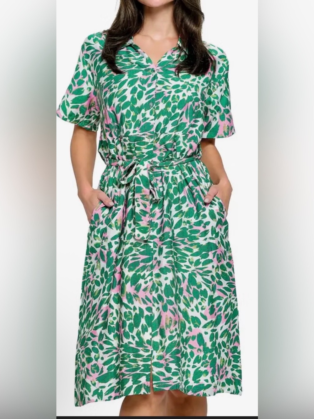 NWT Yak & Yeti Leaf Print Shirt Dress Short Sleeve With Pockets